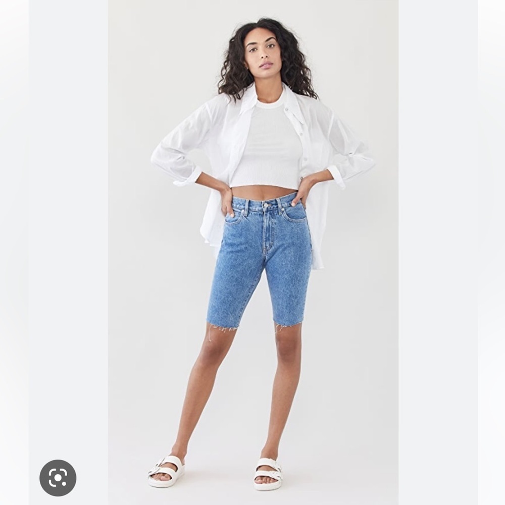 SLVRLAKE Beatnik Denim Raw Hem Bermuda Short in Pacific. Size 24 color: Pacific